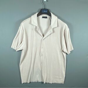 Tahari Men's XL Shirt Cream Off White Ribbed Pleated Short Sleeve Button Down
